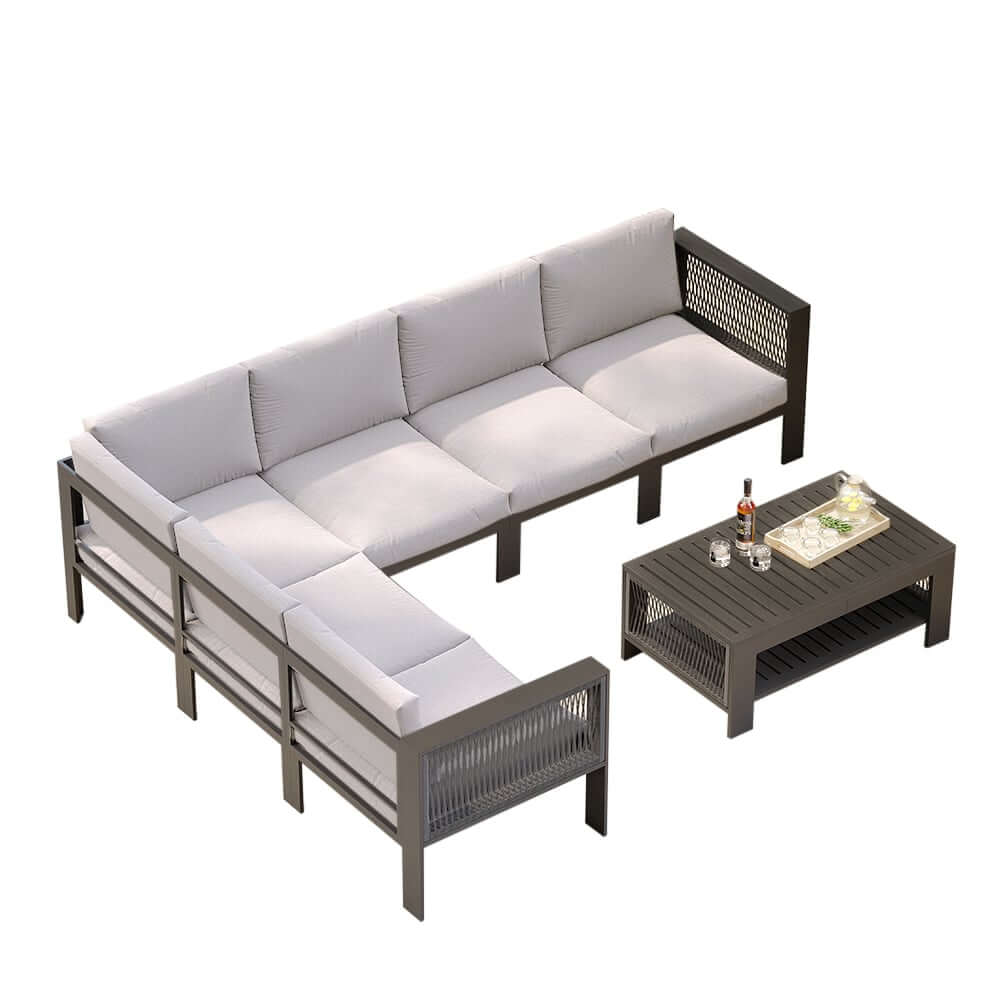 Modern Dark Gray Aluminum Sectional Outdoor Sofa Set with Coffee Table