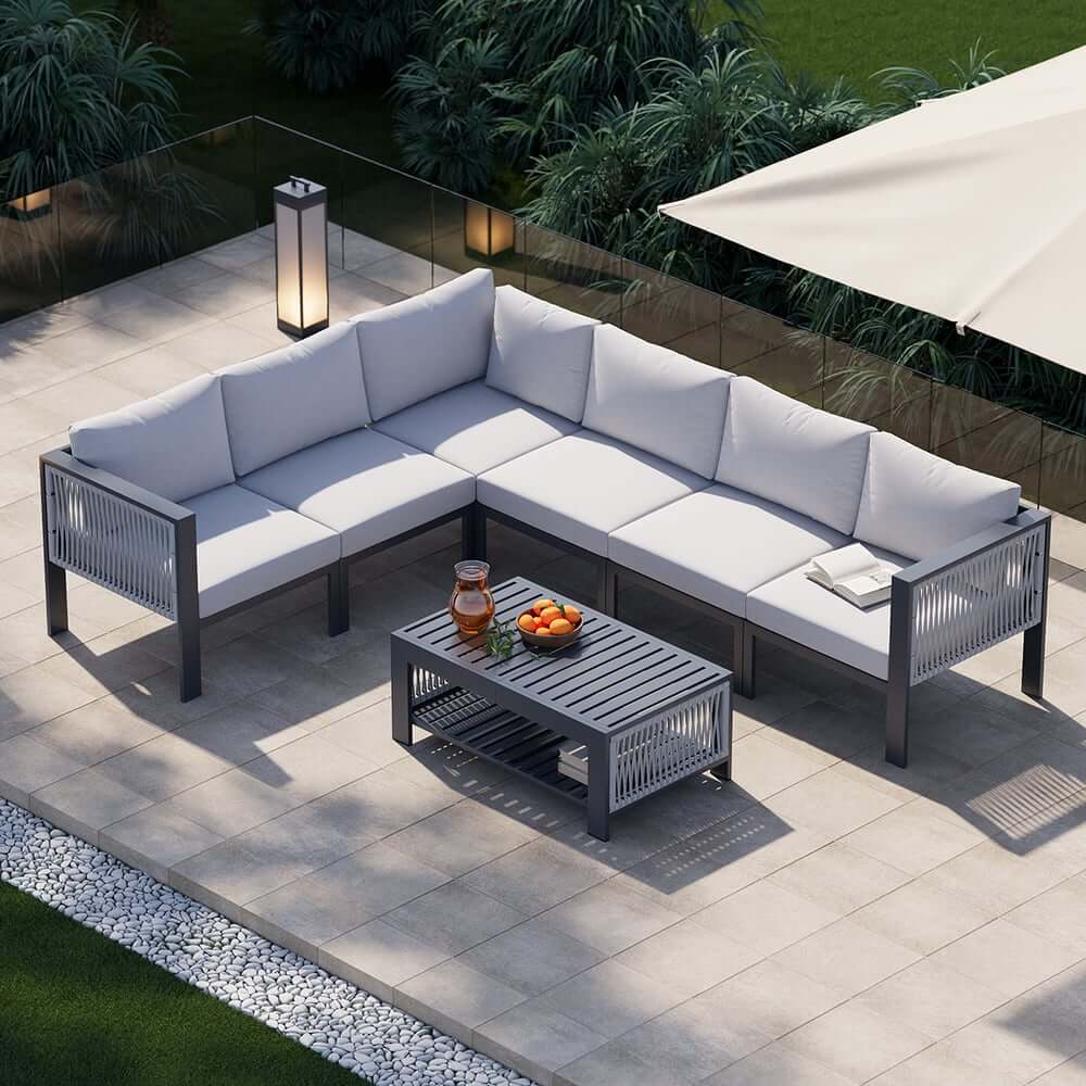Modern Dark Gray Aluminum Sectional Outdoor Sofa Set with Coffee Table