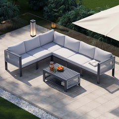 Modern Dark Gray Aluminum Sectional Outdoor Sofa Set with Coffee Table