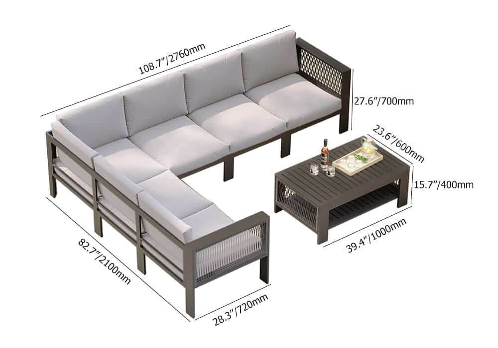 Modern Dark Gray Aluminum Sectional Outdoor Sofa Set with Coffee Table Dimensions