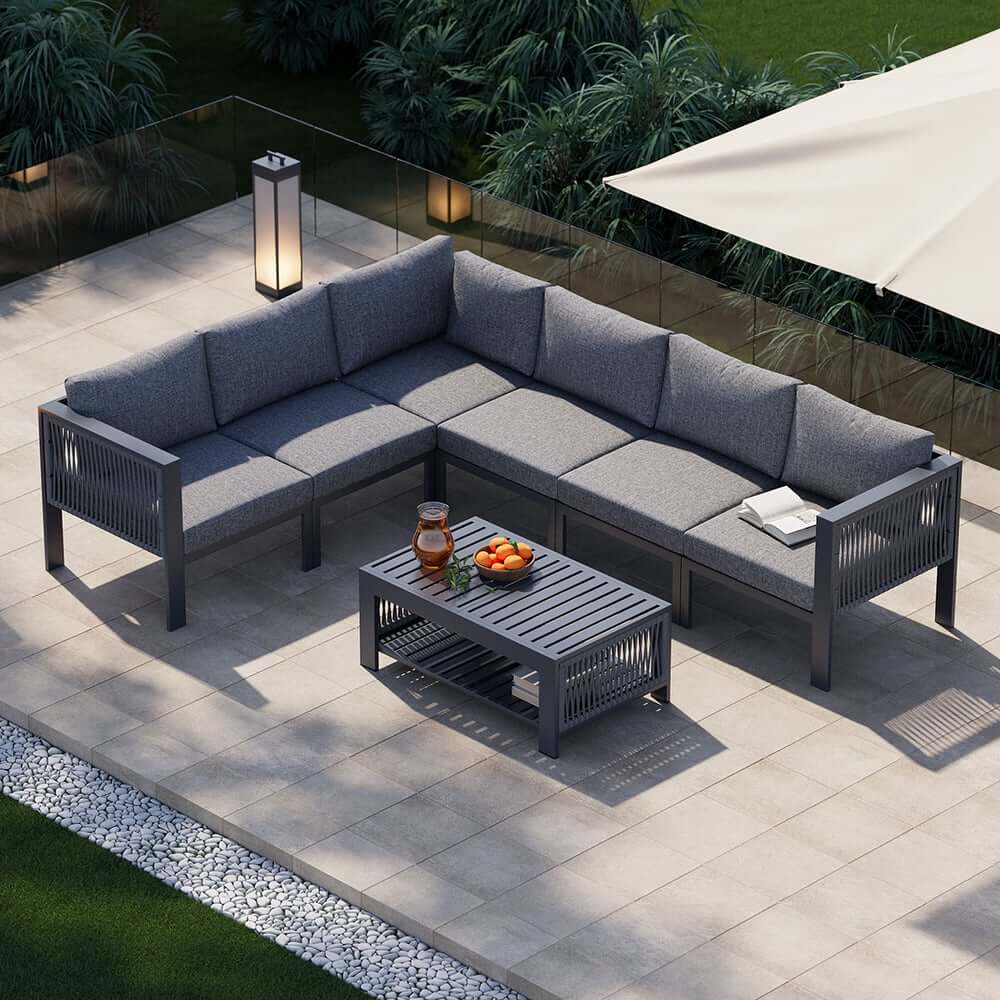 Modern Dark Gray Aluminum Sectional Outdoor Sofa Set with Coffee Table Main Product Image