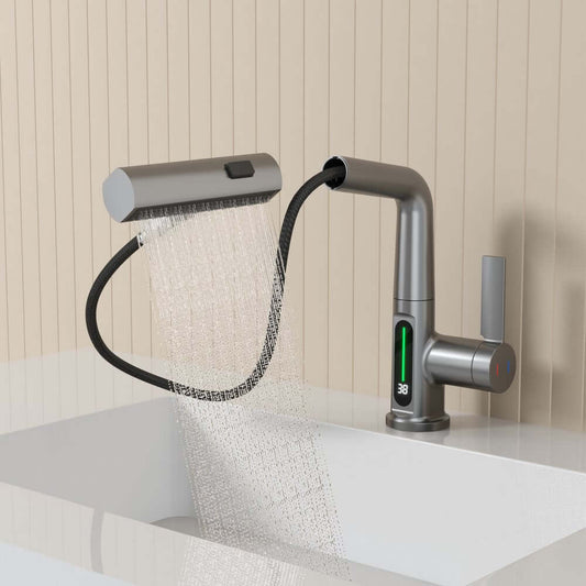 Modern Dark Gray LED Display Pull-Out Kitchen Faucet