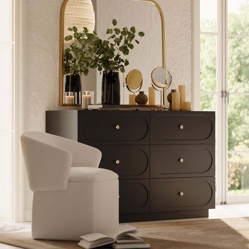Modern Double Dresser with Six Drawers and Built-In Outlets