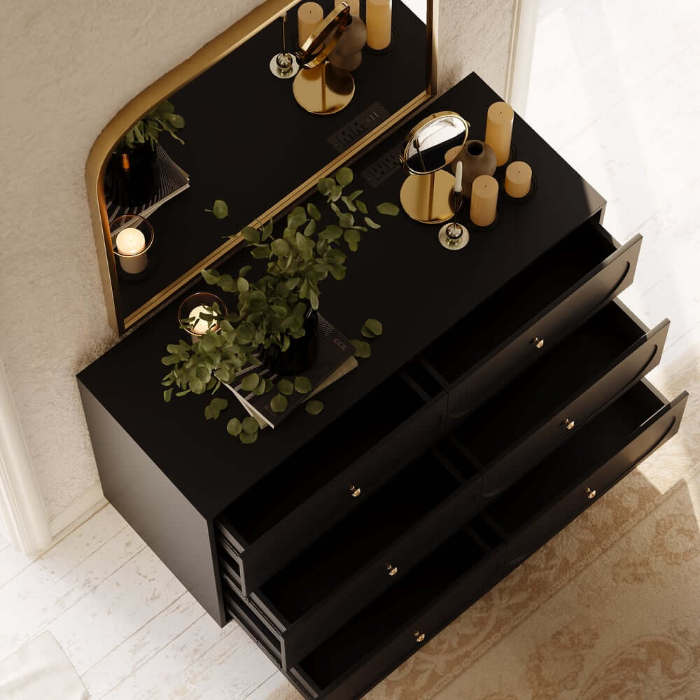 Modern Double Dresser with Six Drawers and Built-In Outlets