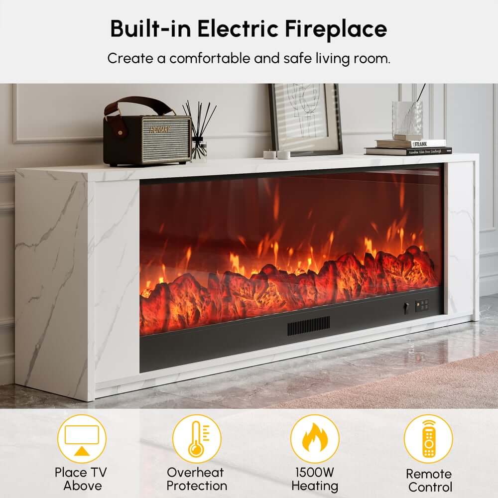 Modern Electric Fireplace TV Stand, 70-79 Inch, Sintered Stone