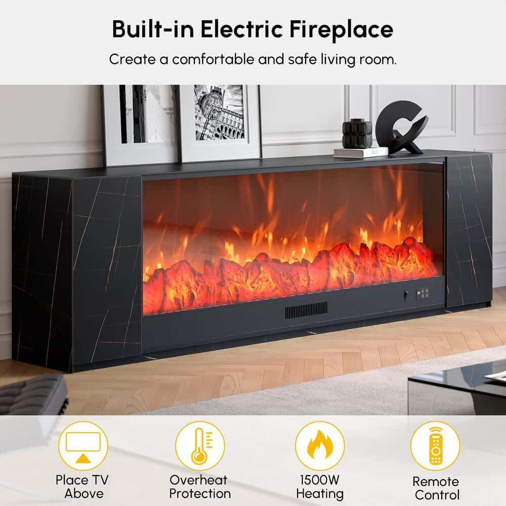 Modern Electric Fireplace TV Stand, 70-79 Inch, Sintered Stone