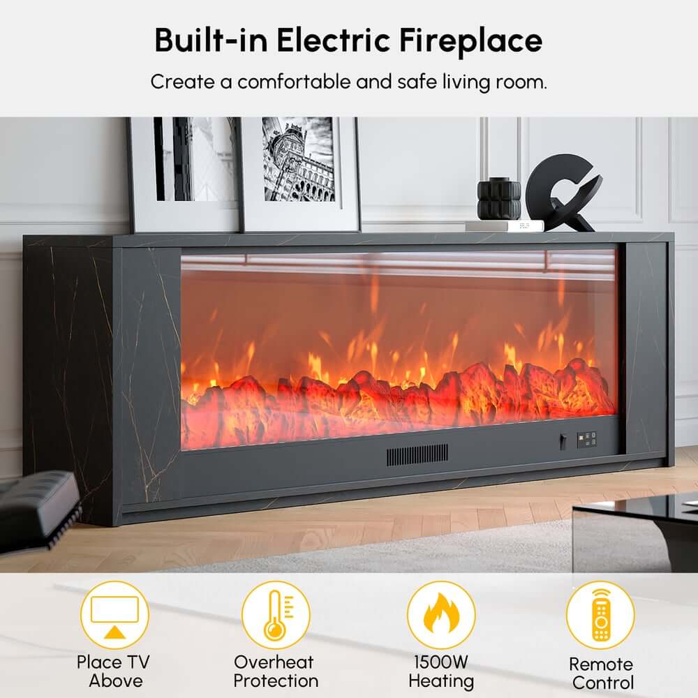 Modern Electric Fireplace TV Stand, 70-79 Inch, Sintered Stone