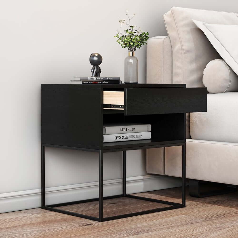 Modern Engineered Wood Nightstand With Shelves, Rectangle