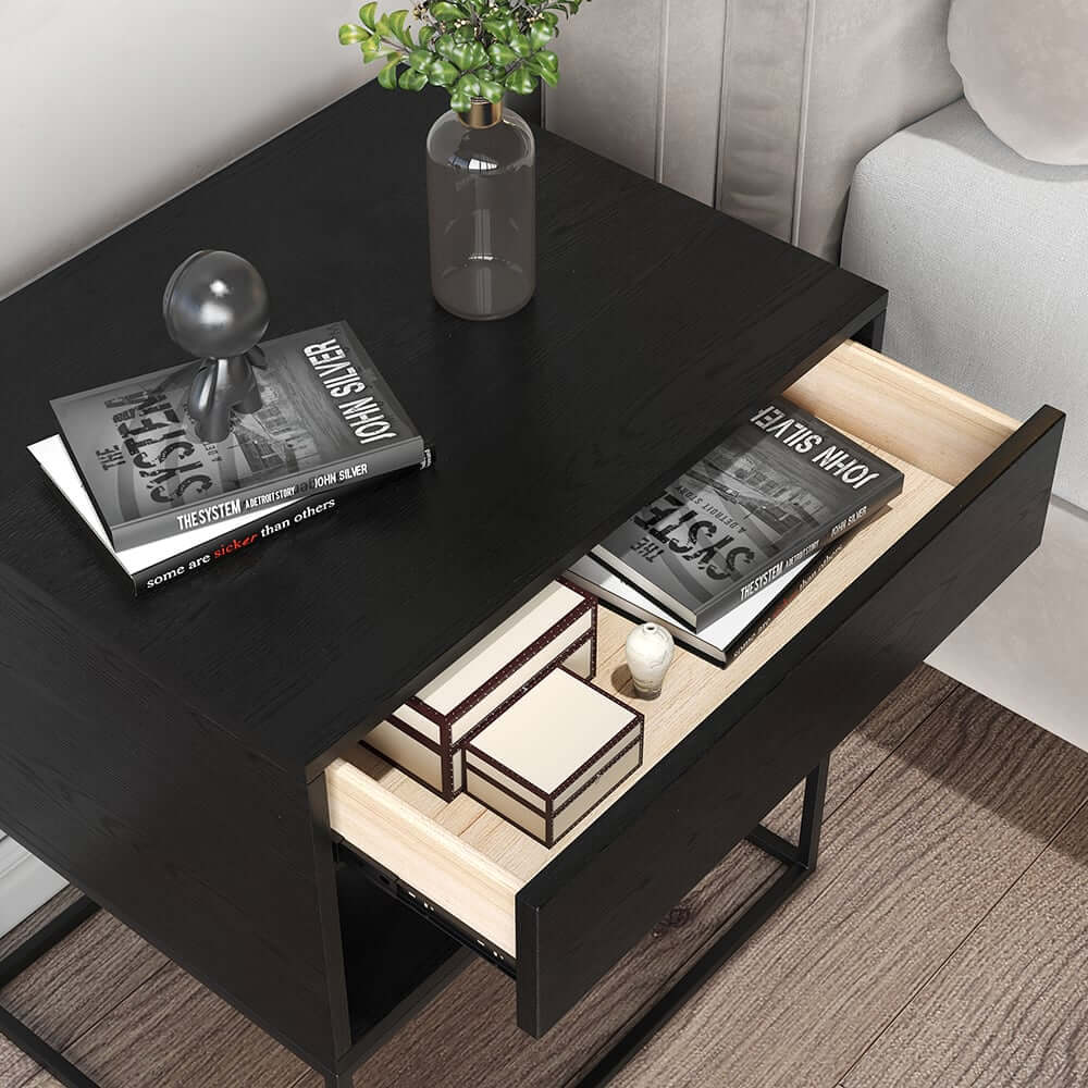 Modern Engineered Wood Nightstand With Shelves, Rectangle