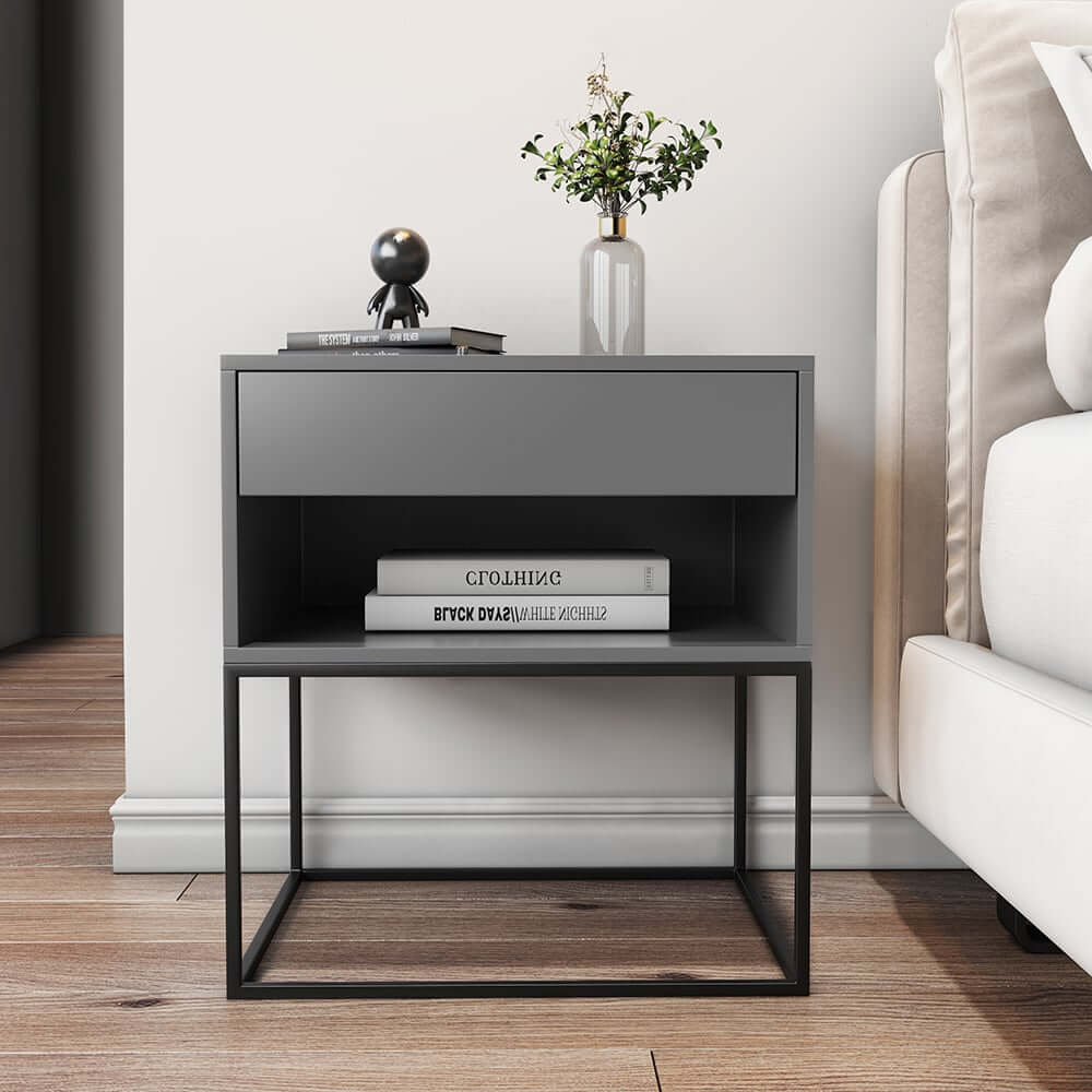 Modern Engineered Wood Nightstand With Shelves, Rectangle