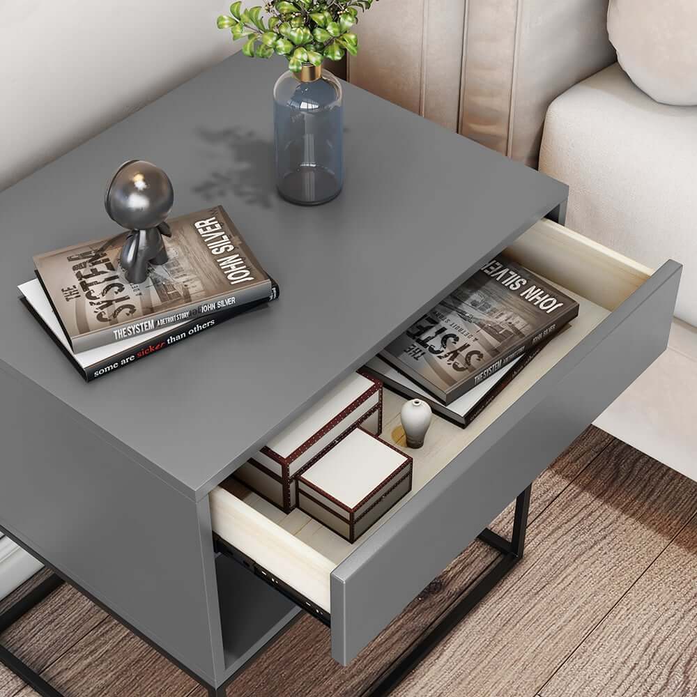 Modern Engineered Wood Nightstand With Shelves, Rectangle
