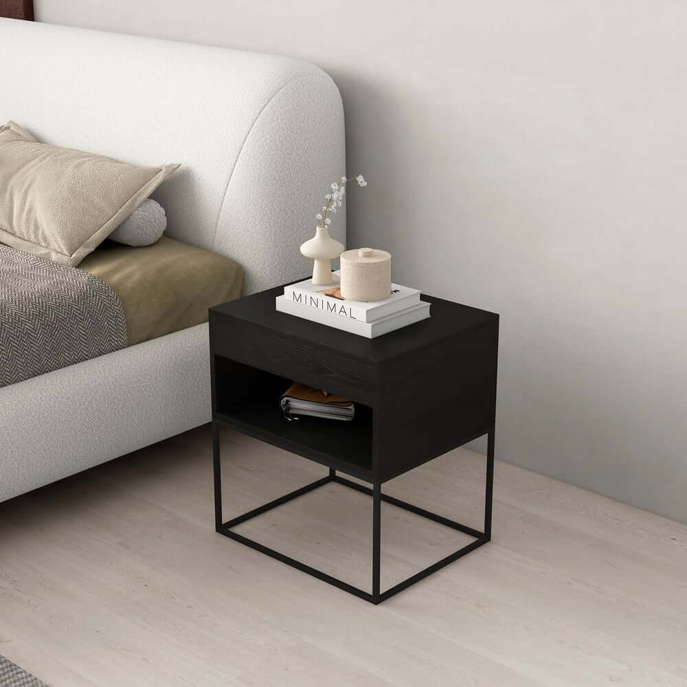 Modern Engineered Wood Nightstand With Shelves, Rectangle