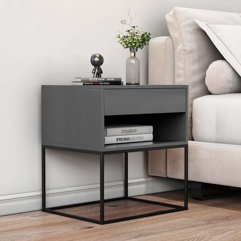Modern Engineered Wood Nightstand With Shelves, Rectangle