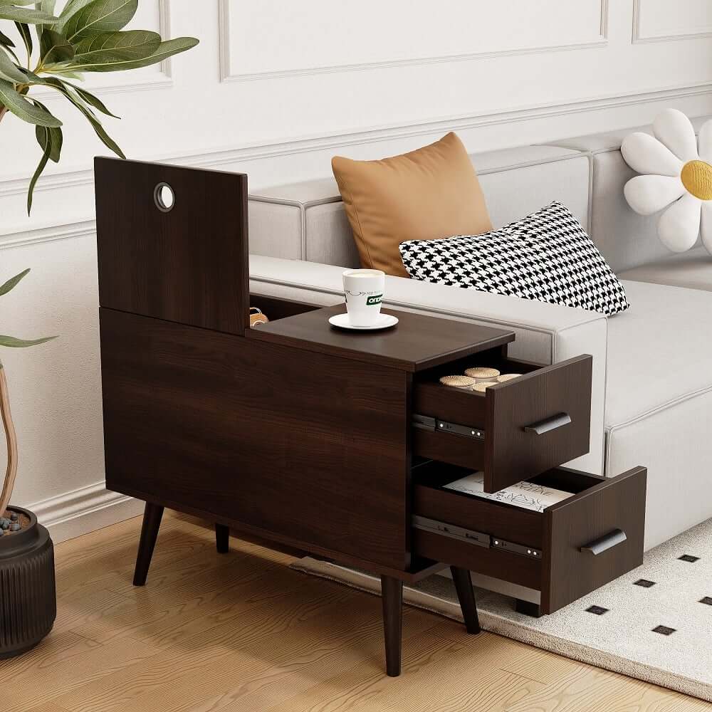 Modern Engineered Wood Side Table With Storage Drawers