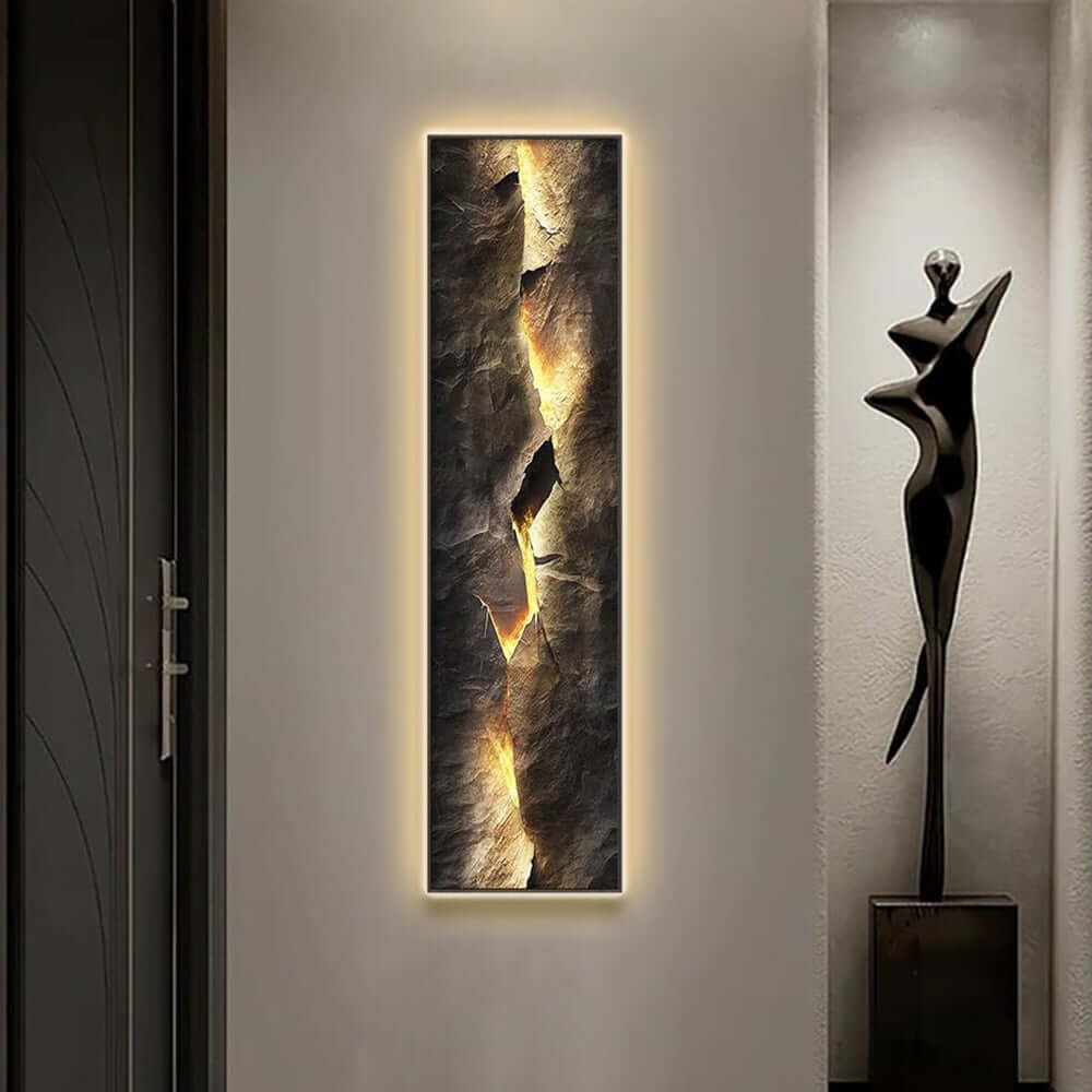 Modern Engineered Wood Wall Art with LED Lighting and Stone Texture