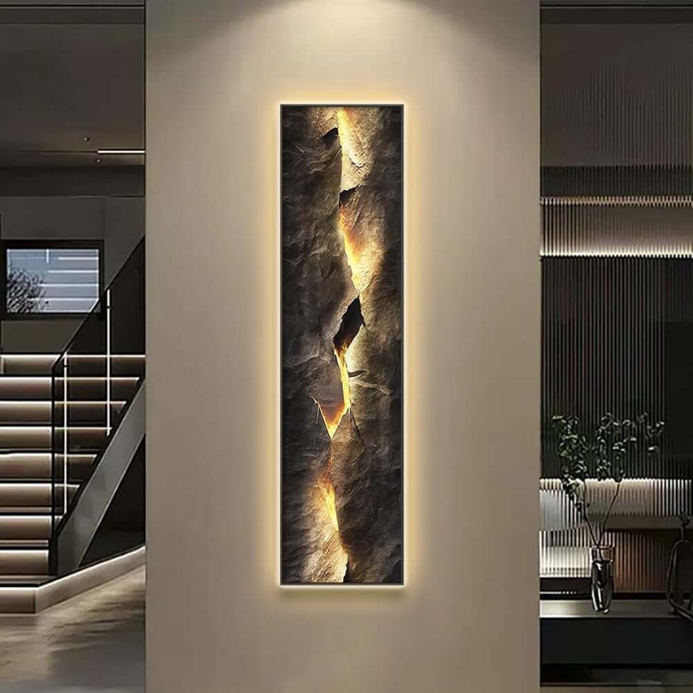Modern Engineered Wood Wall Art with LED Lighting and Stone Texture