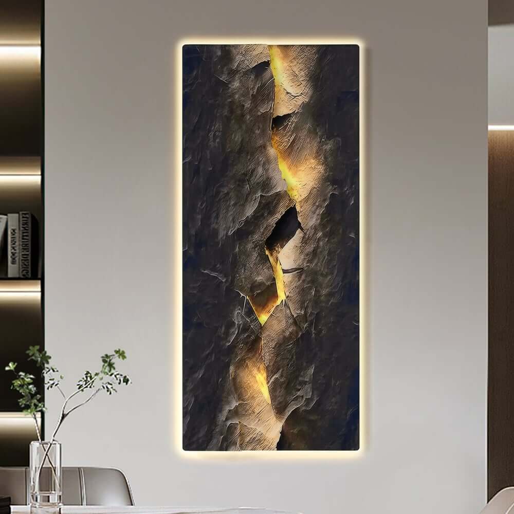 Modern Engineered Wood Wall Art with LED Lighting and Stone Texture