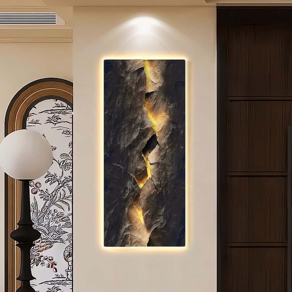 Modern Engineered Wood Wall Art with LED Lighting and Stone Texture
