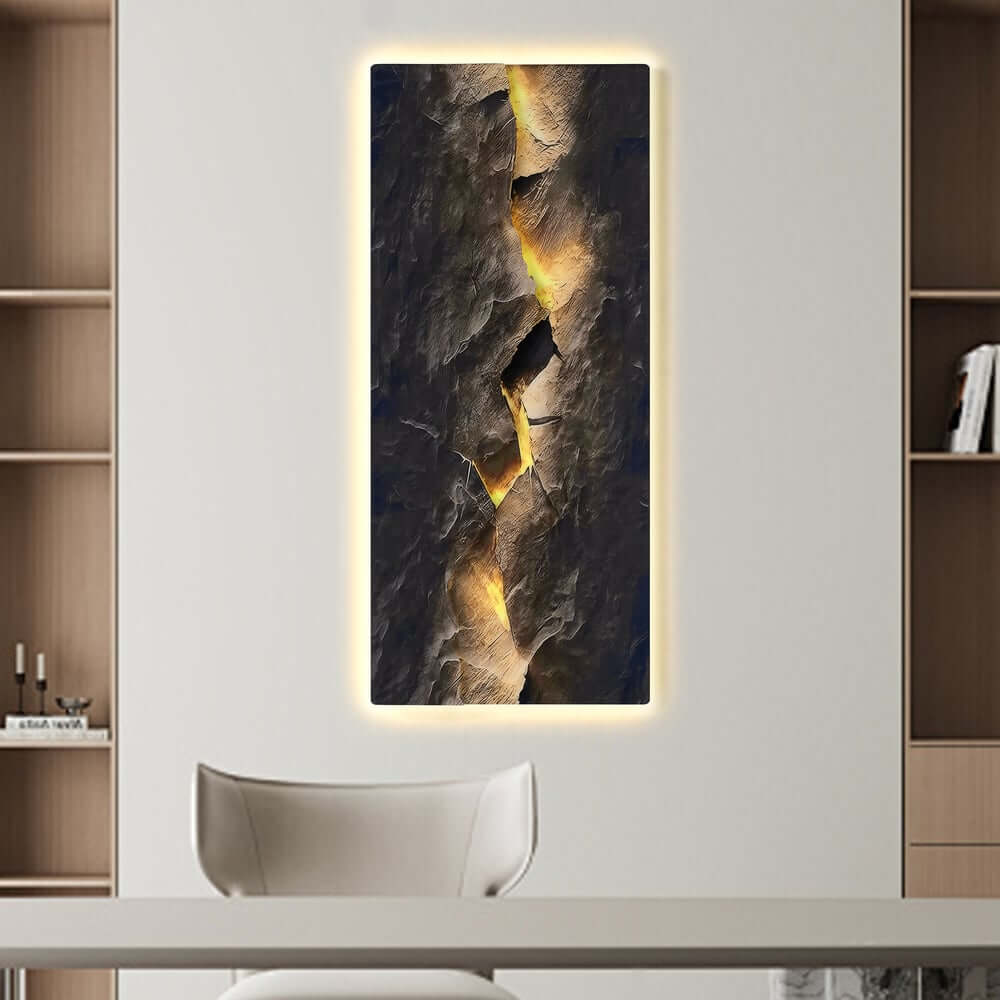 Modern Engineered Wood Wall Art with LED Lighting and Stone Texture