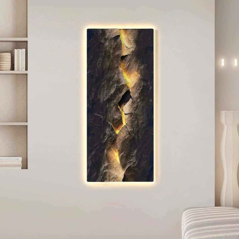 Modern Engineered Wood Wall Art with LED Lighting and Stone Texture