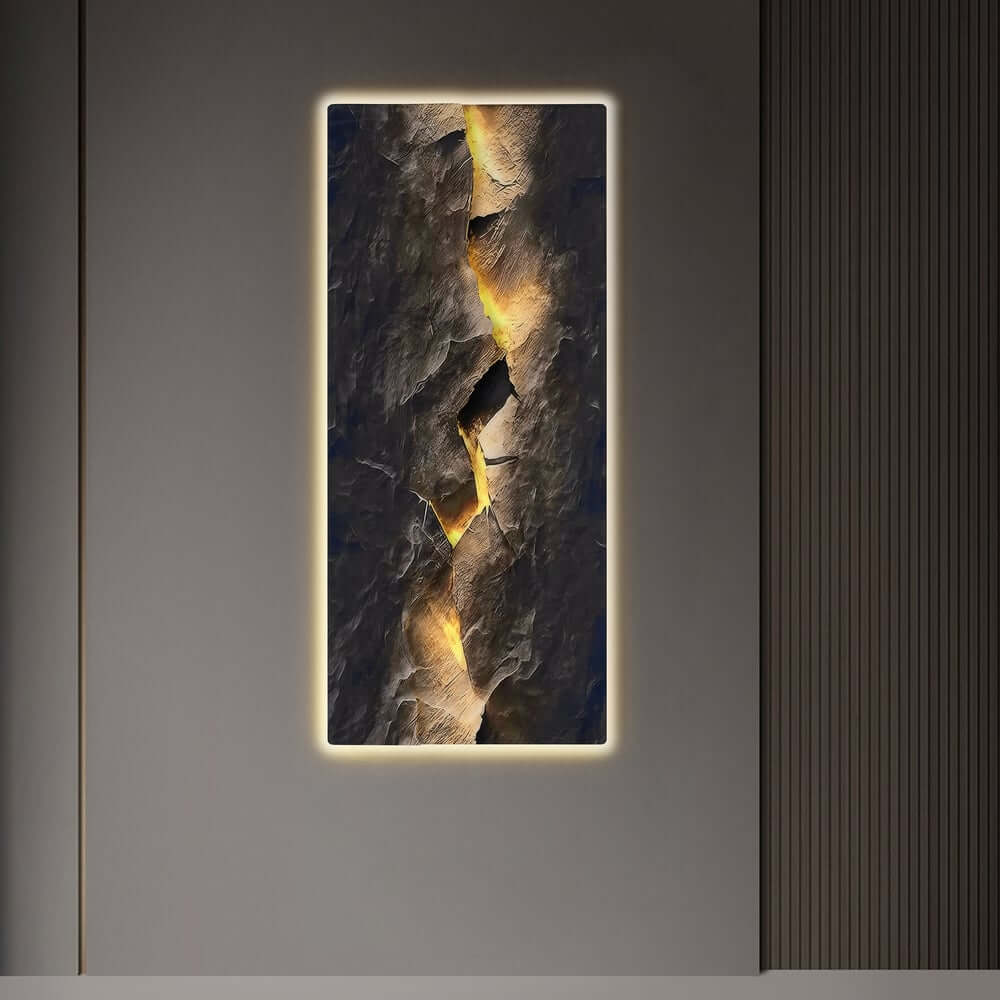 Modern Engineered Wood Wall Art with LED Lighting and Stone Texture
