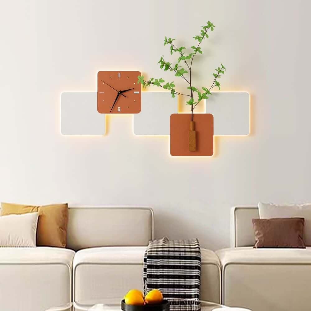 Modern Engineered Wood Wall Clock with LED Lighting and Faux Greenery