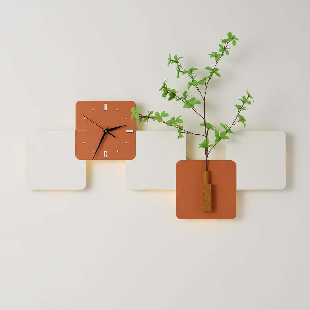 Modern Engineered Wood Wall Clock with LED Lighting and Faux Greenery