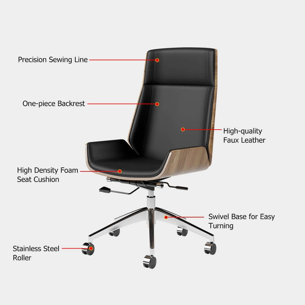 Modern Executive Chair in Faux Leather with Walnut Back