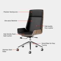 Modern Executive Chair in Faux Leather with Walnut Back