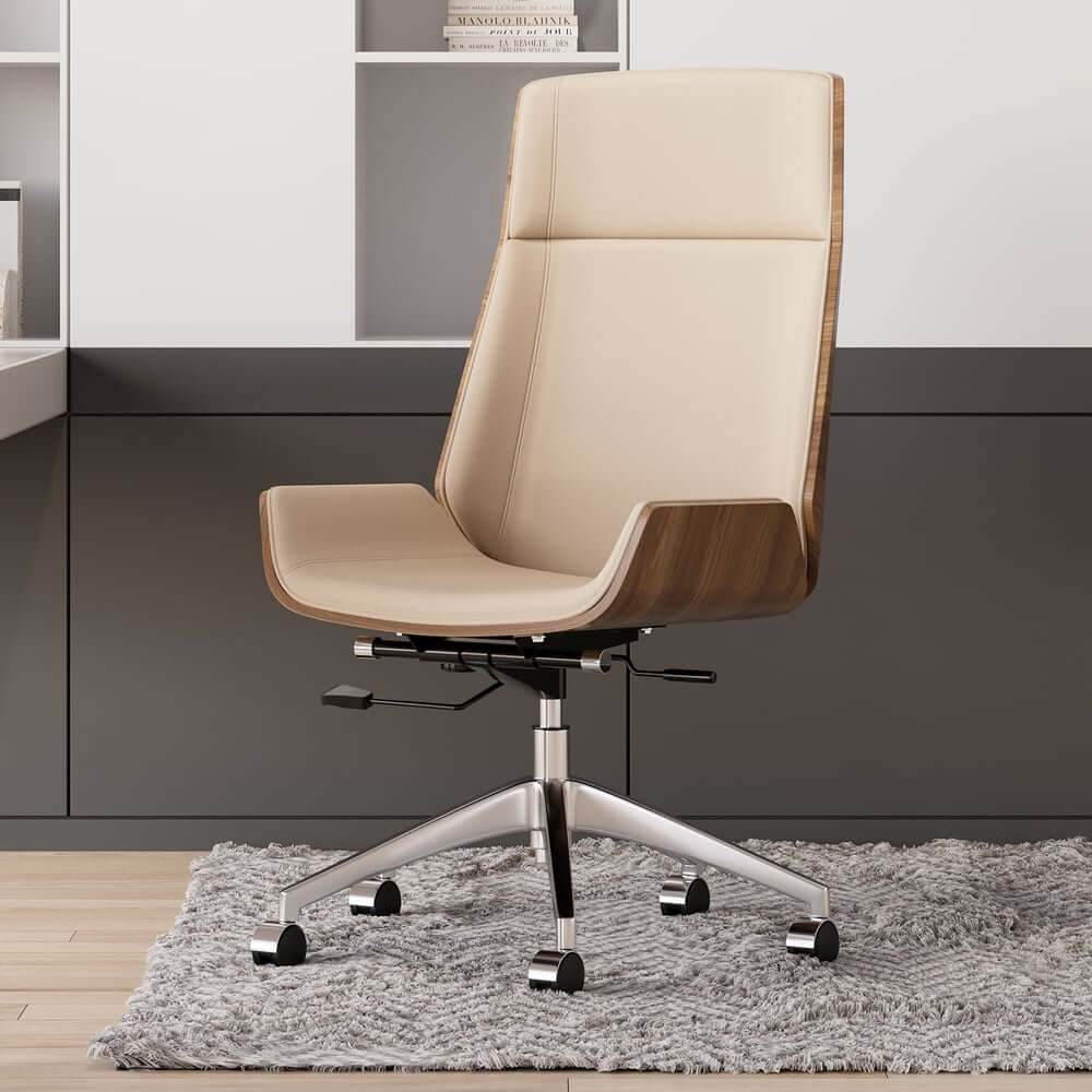 Modern Executive Chair in Faux Leather with Walnut Back