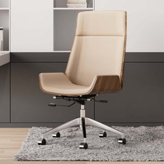 Modern Executive Chair in Faux Leather with Walnut Back