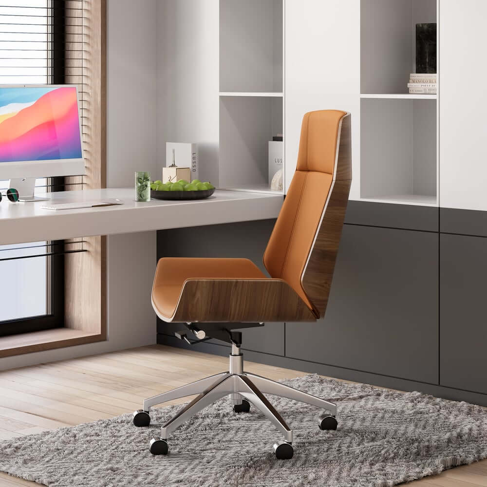 Modern Executive Chair in Faux Leather with Walnut Back