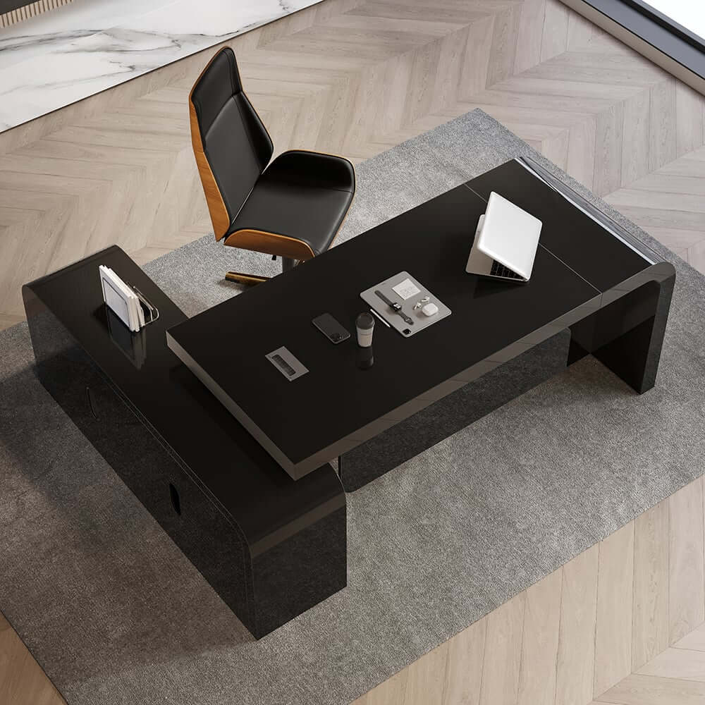 Modern Executive Chair in Faux Leather with Walnut Back