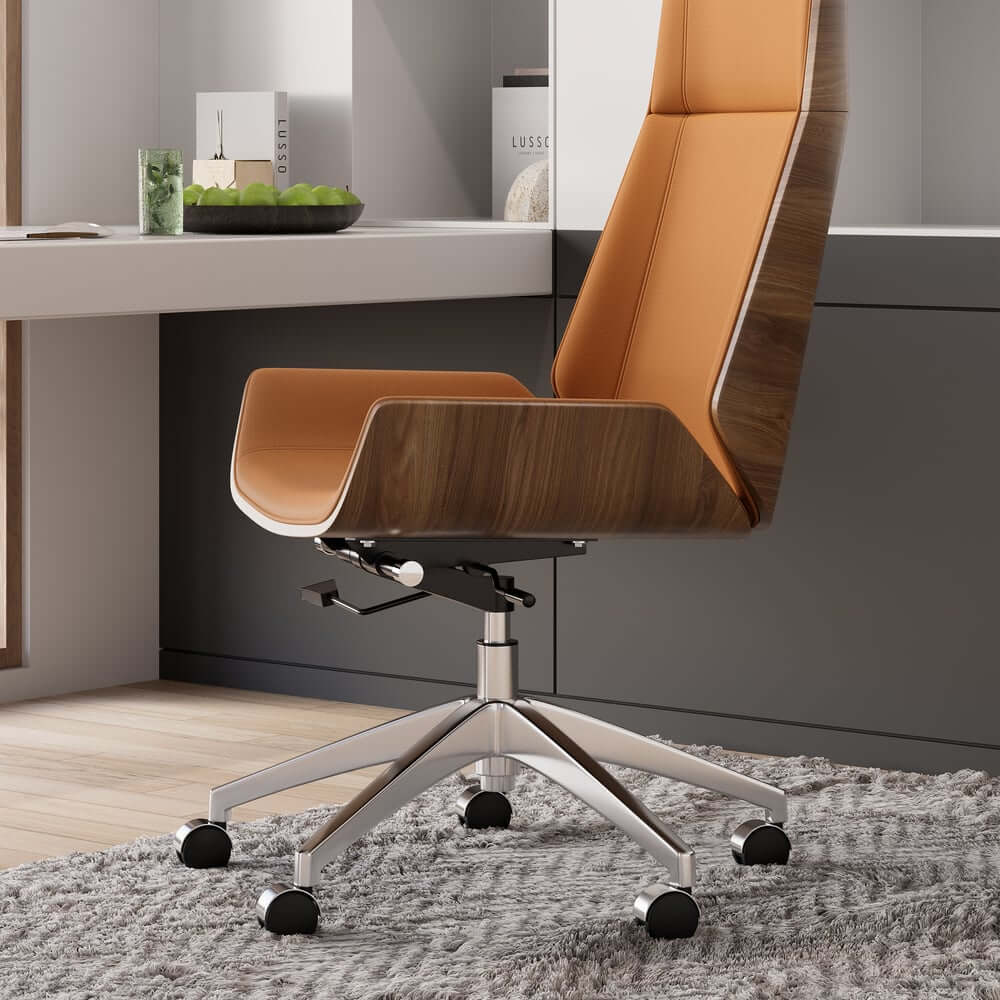 Modern Executive Chair in Faux Leather with Walnut Back