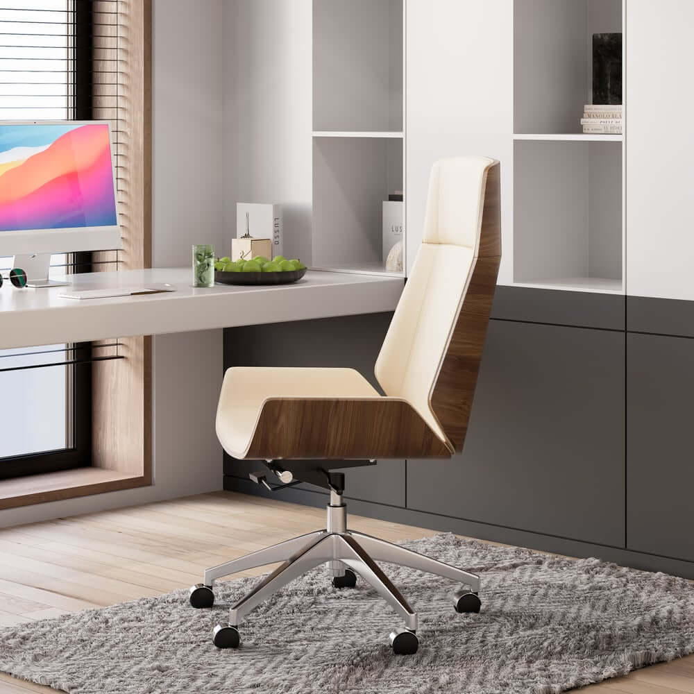 Modern Executive Chair in Faux Leather with Walnut Back