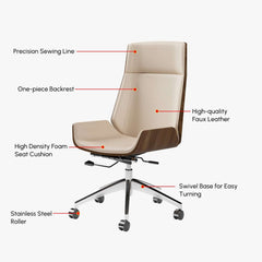 Modern Executive Chair in Faux Leather with Walnut Back