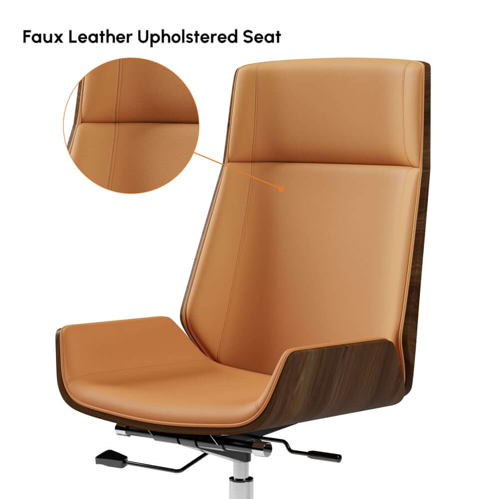 Modern Executive Chair in Faux Leather with Walnut Back