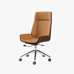 Modern Executive Chair in Faux Leather with Walnut Back
