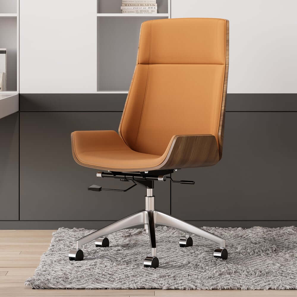 Modern Executive Chair in Faux Leather with Walnut Back
