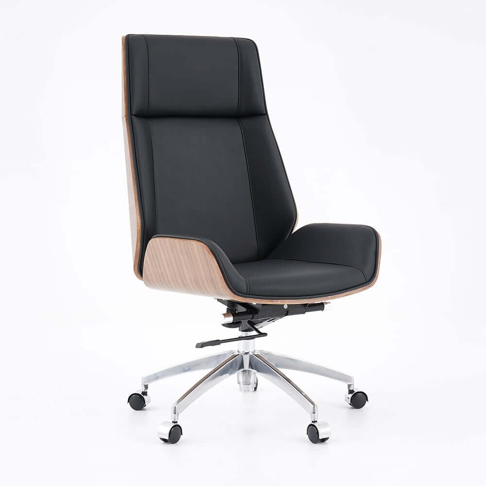 Modern Executive Chair in Faux Leather with Walnut Back