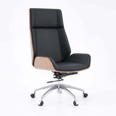 Modern Executive Chair in Faux Leather with Walnut Back
