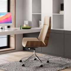 Modern Executive Chair in Faux Leather with Walnut Back