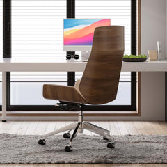 Modern Executive Chair in Faux Leather with Walnut Back