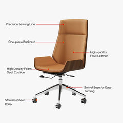 Modern Executive Chair in Faux Leather with Walnut Back