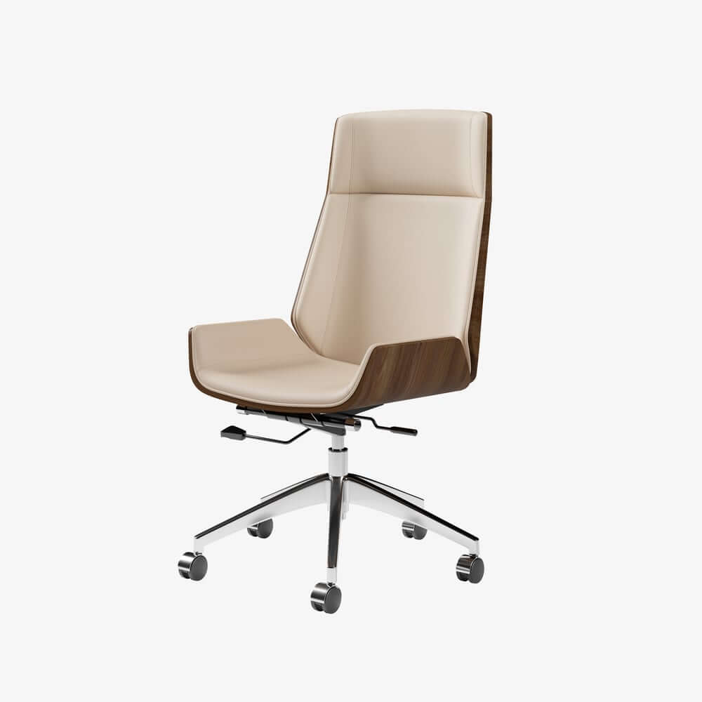 Modern Executive Chair in Faux Leather with Walnut Back