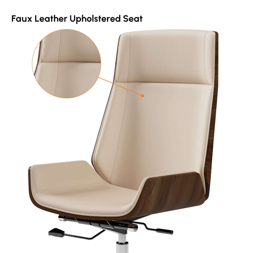 Modern Executive Chair in Faux Leather with Walnut Back