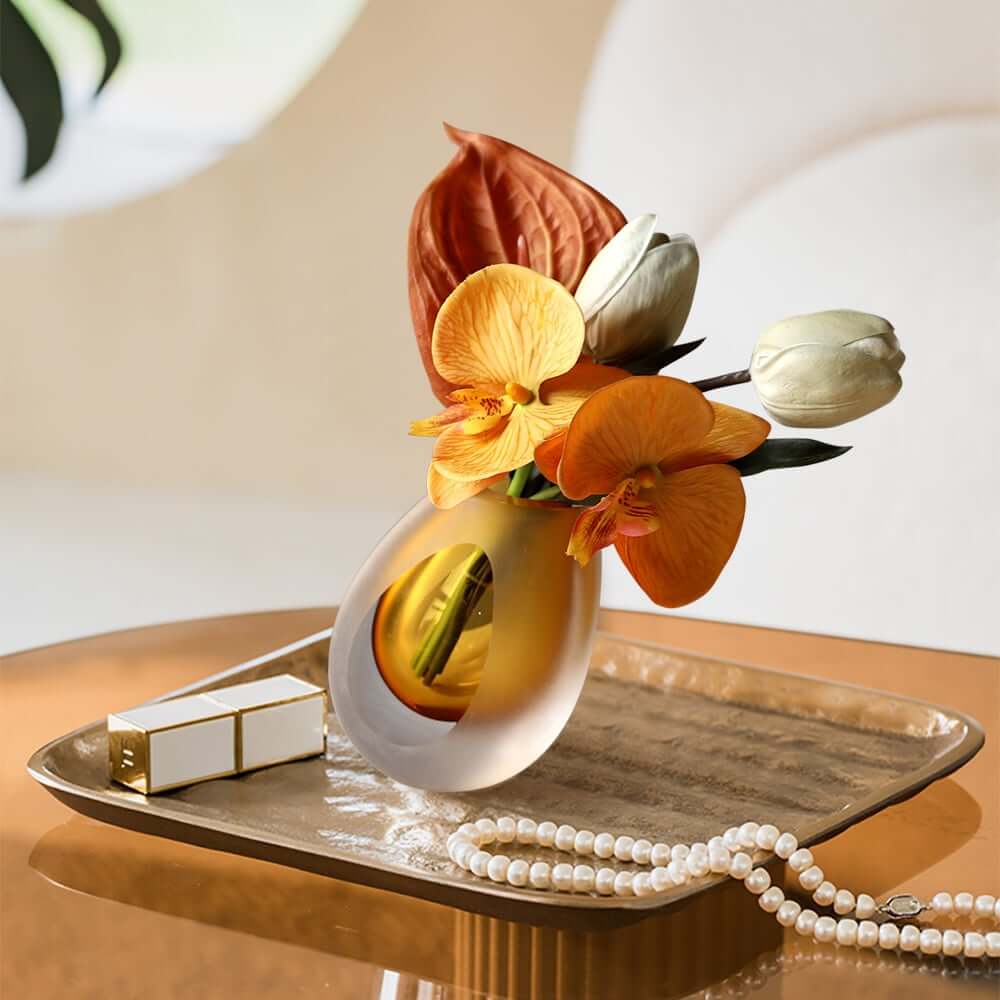 Modern Fabric Faux Floral Arrangement with Clear Glass Planter