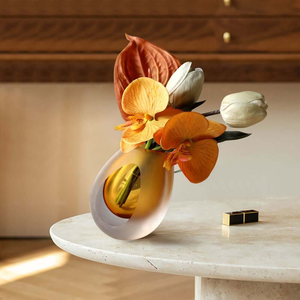 Modern Fabric Faux Floral Arrangement with Clear Glass Planter