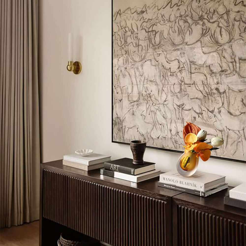 Modern Fabric Faux Floral Arrangement with Clear Glass Planter