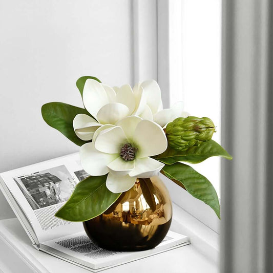 Modern Faux Floral Arrangement in Gold Glass Planter